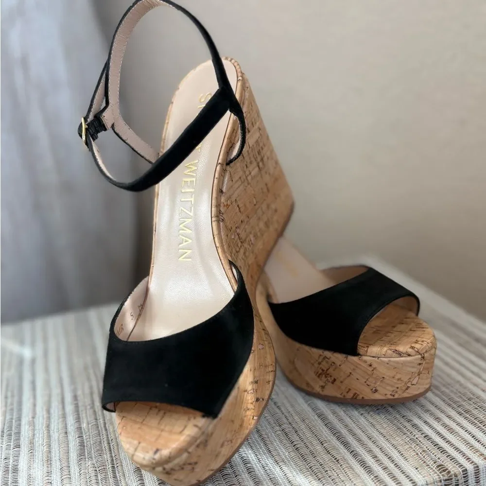 Stuart Weitzman Black Suede Leather Cork Wedge Heels New with Dust/Box NWT $425 - Picture 3 of 6
